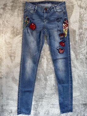 Desigual Woman Embroidered Sequin Patch Skinny Jeans Size 28 Parakeet Ice Cream